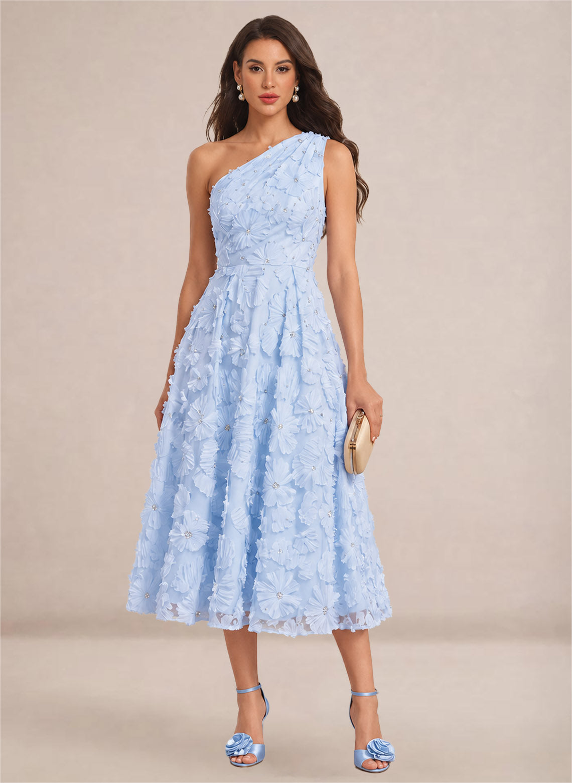 Floral One Shoulder A-line Midi Formal Wedding Guest Dresses