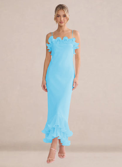 Ruffles Chiffon Layer Midi Formal Wedding Guest Dresses