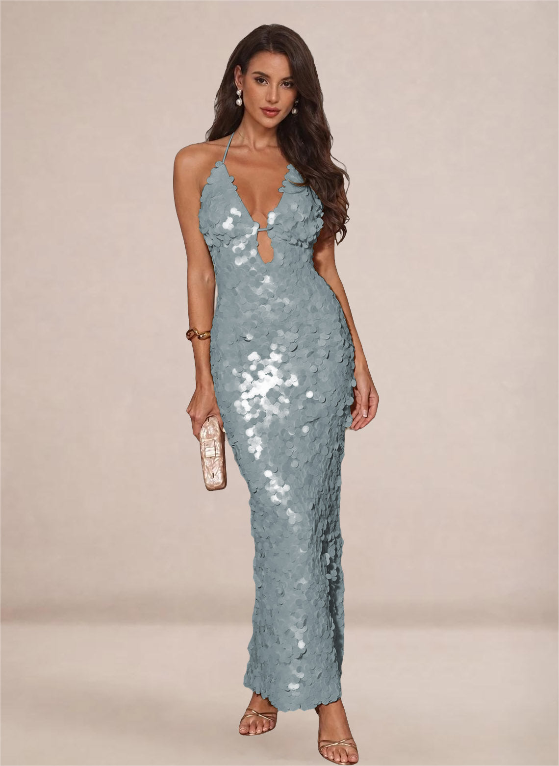 Sparkly Sequin V-neck Mermaid Maxi Dress