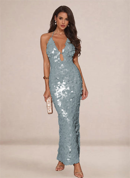 Sparkly Sequin V-neck Mermaid Maxi Dress