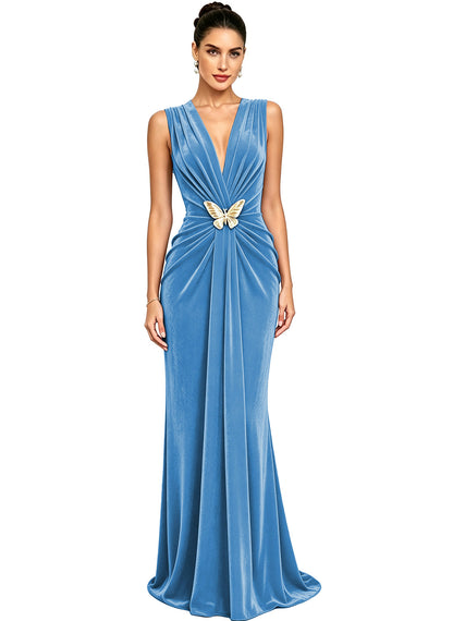 Women's Velvet V Neck Mermaid Formal Wedding Guest Dress
