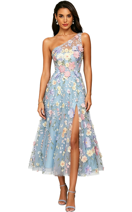 Floral Appliqued One Shoulder Long Formal Dress