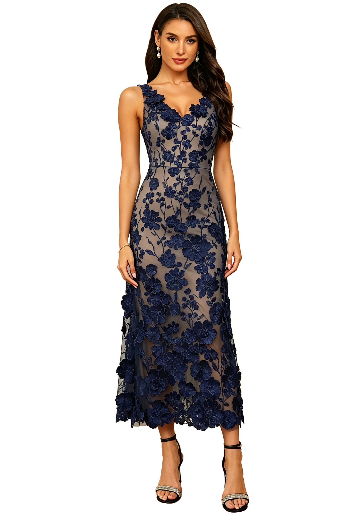 Floral Appliqued V Neck Long Formal Dress