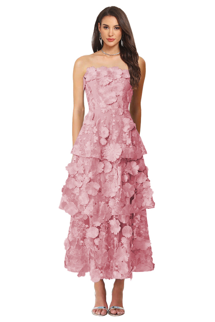 Floral Appliqued Tea Length Formal Wedding Guest Dress