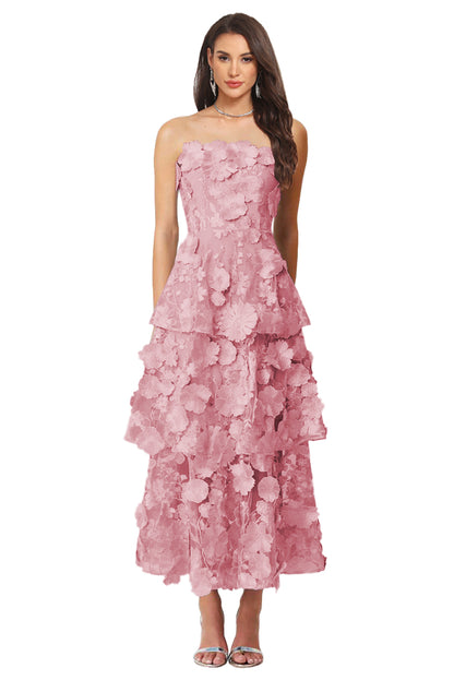 Floral Appliqued Tea Length Formal Wedding Guest Dress