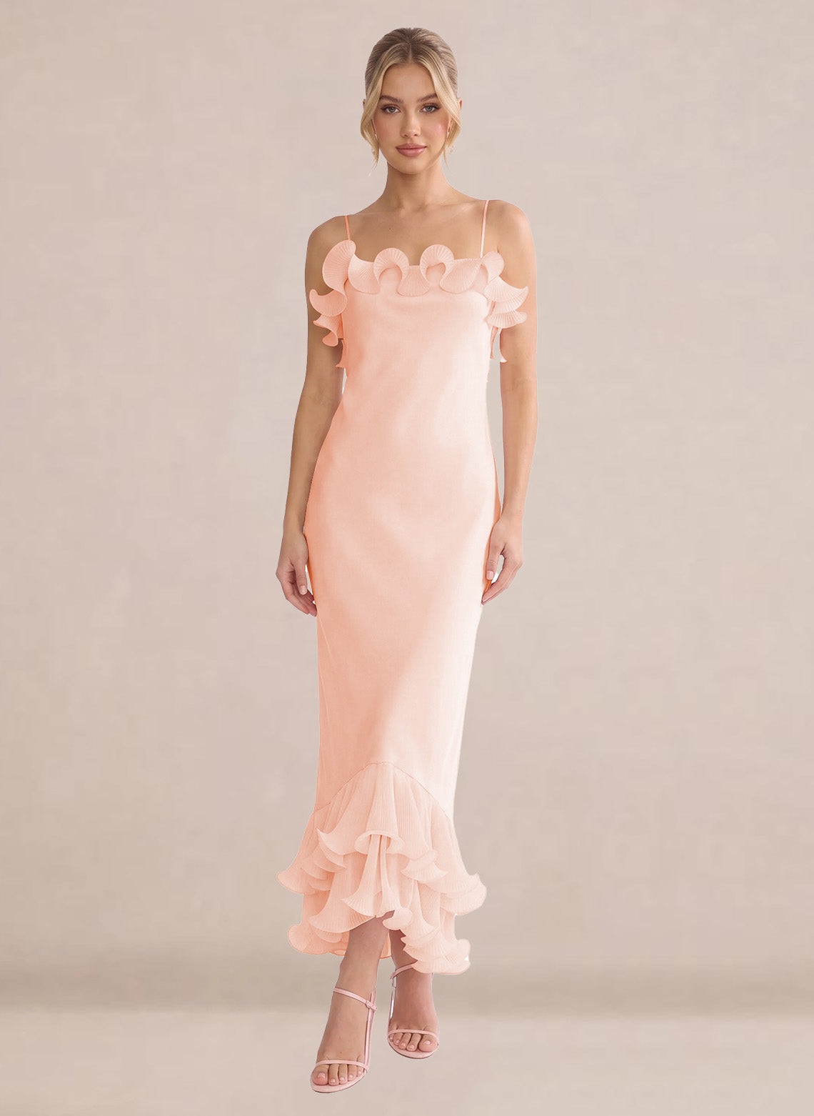 Ruffles Chiffon Layer Midi Formal Wedding Guest Dresses