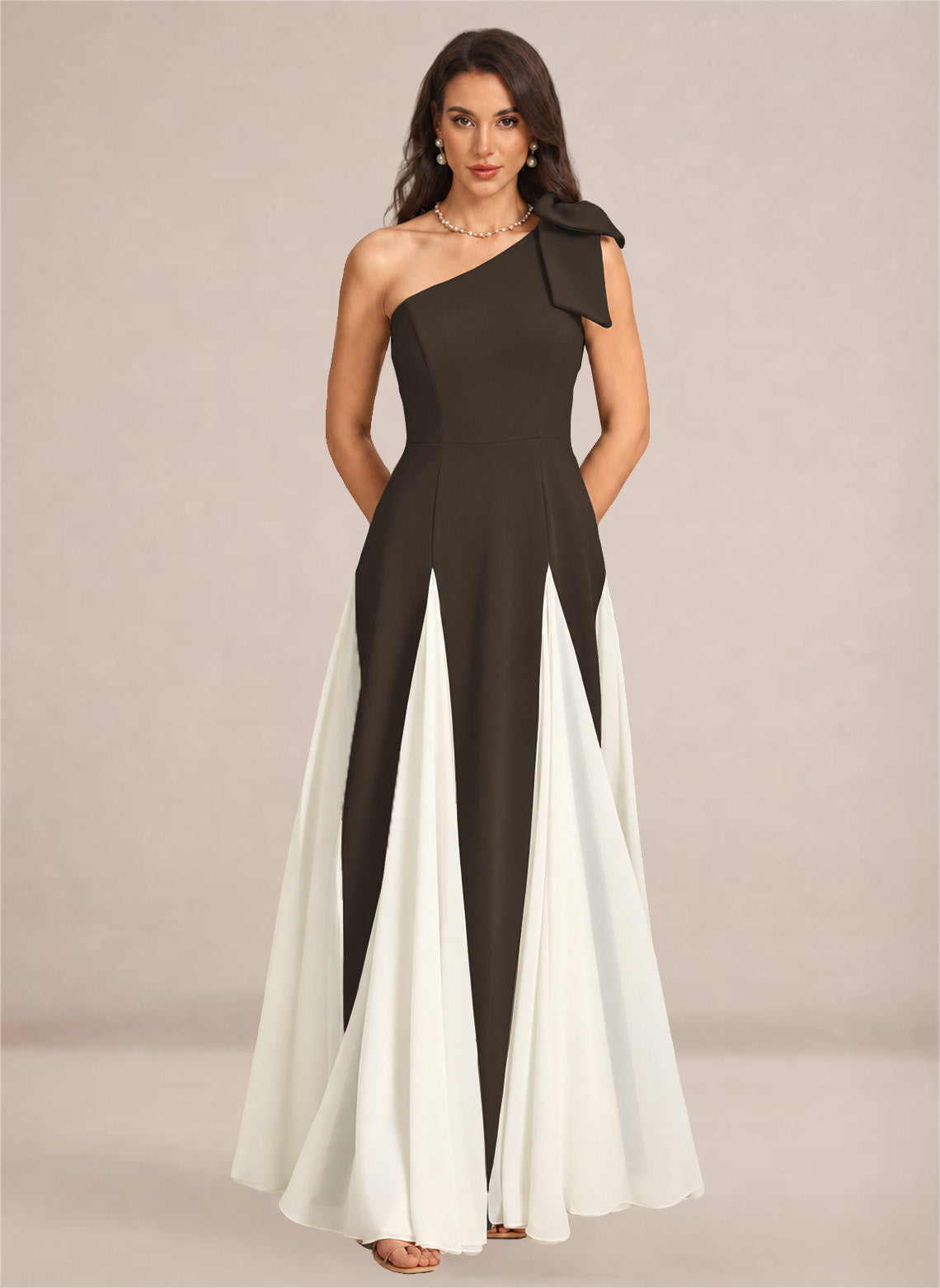 Satin One Shoulder A-line Patchwork Maxi Dress