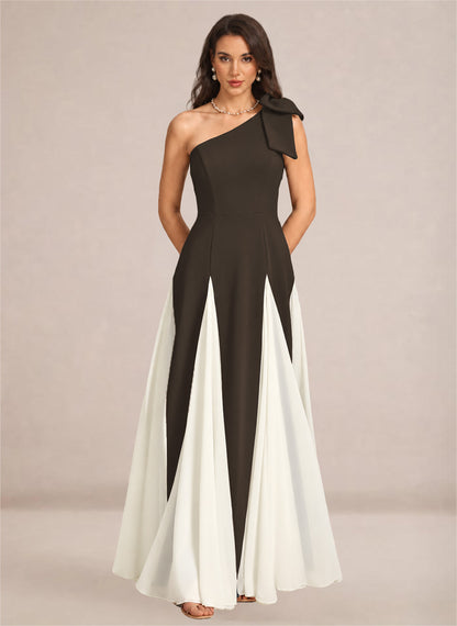 Satin One Shoulder A-line Patchwork Maxi Dress