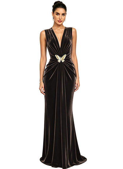 Women's Velvet V Neck Mermaid Formal Wedding Guest Dress