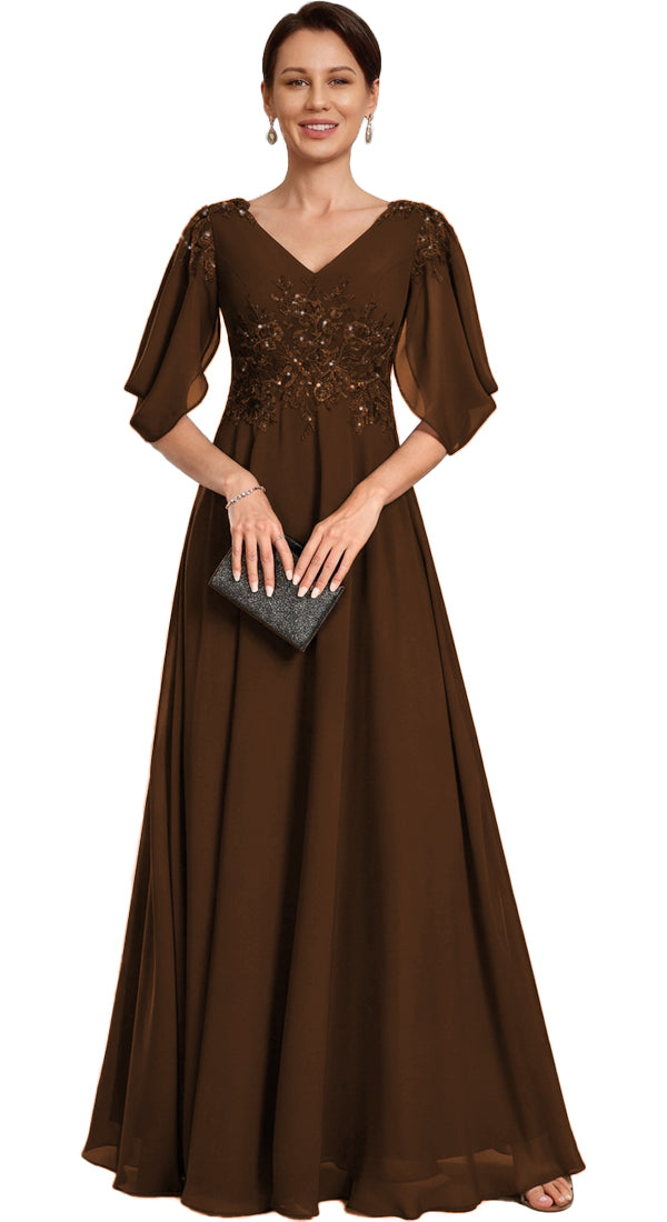 V Neck Chiffon A Line Sequin Lace Dress