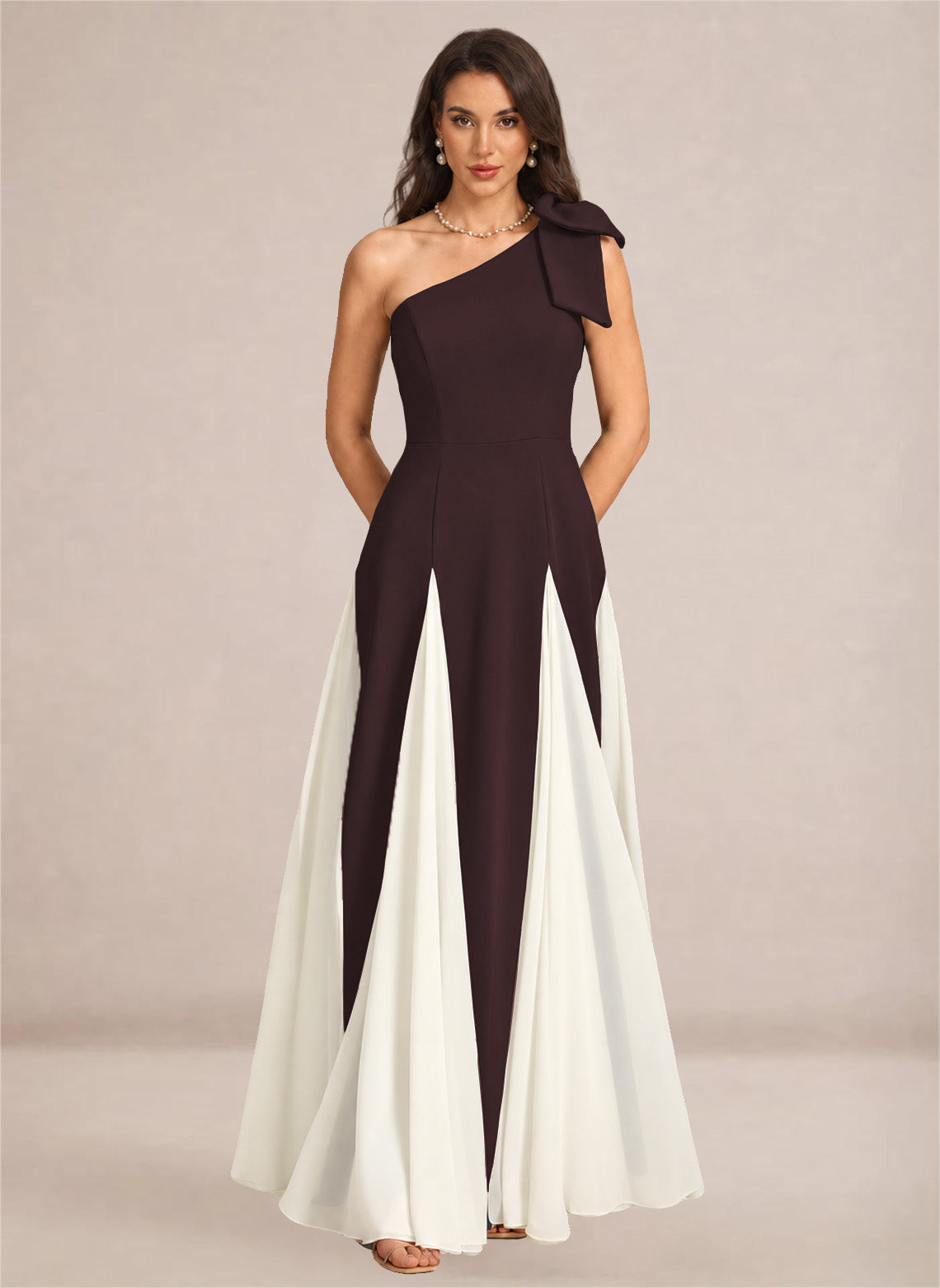 Satin One Shoulder A-line Patchwork Maxi Dress