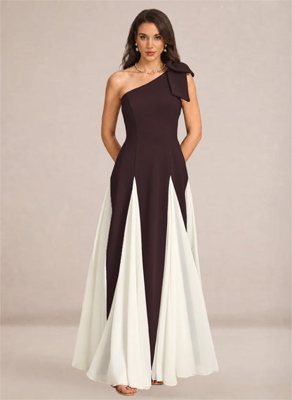 Satin One Shoulder A-line Patchwork Maxi Dress