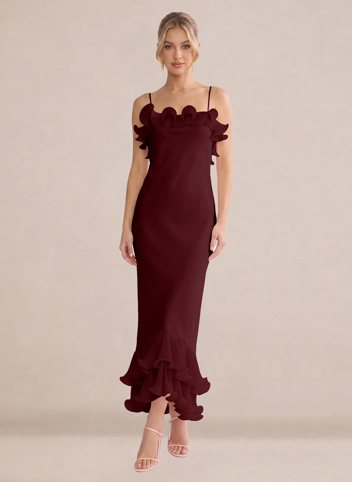 Ruffles Chiffon Layer Midi Formal Wedding Guest Dresses