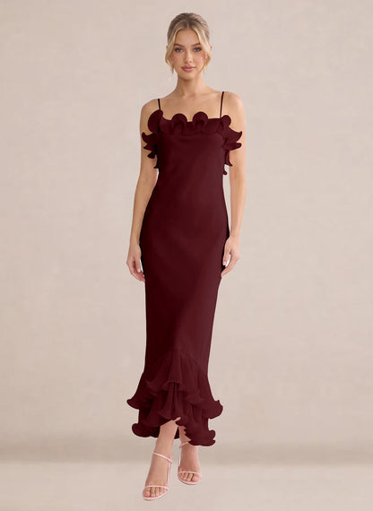 Ruffles Chiffon Layer Midi Formal Wedding Guest Dresses
