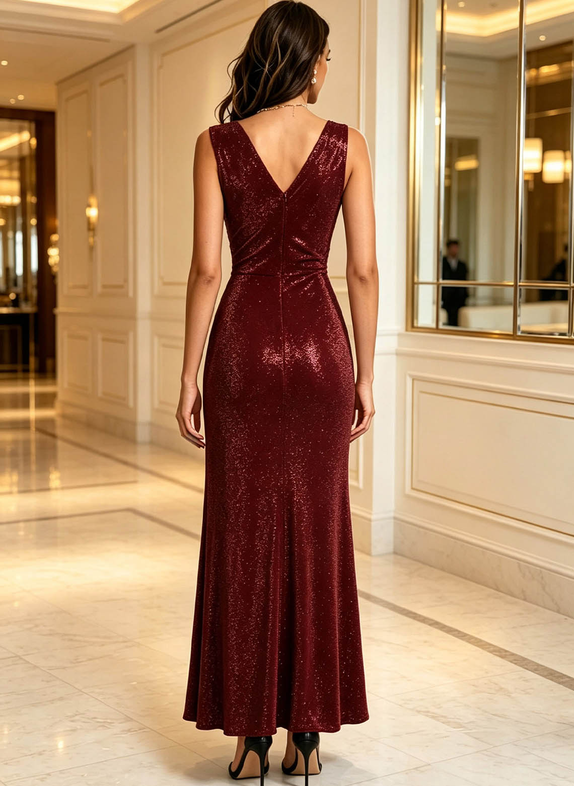 Women's Sparkly Stain V Neck Formal Wedding Guest dress Burgundy 2