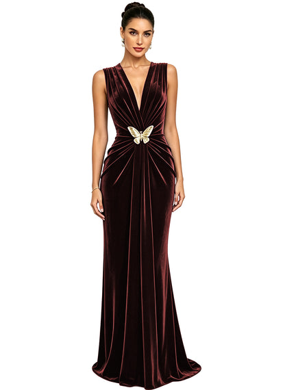Women's Velvet V Neck Mermaid Formal Wedding Guest Dress