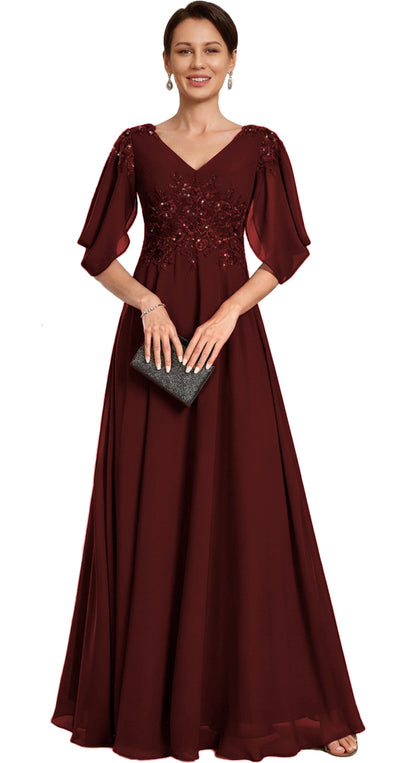 V Neck Chiffon A Line Sequin Lace Dress