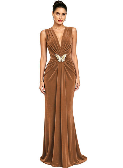 Women's Velvet V Neck Mermaid Formal Wedding Guest Dress