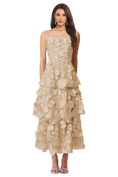 Floral Appliqued Tea Length Formal Wedding Guest Dress