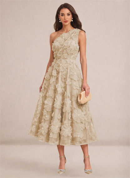 Floral One Shoulder A-line Midi Formal Wedding Guest Dresses