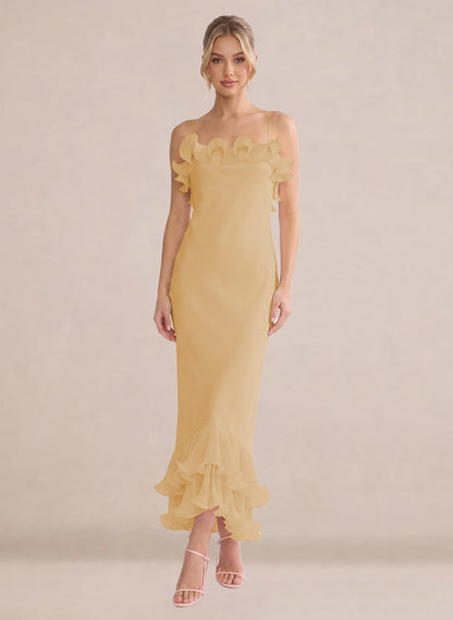 Ruffles Chiffon Layer Midi Formal Wedding Guest Dresses