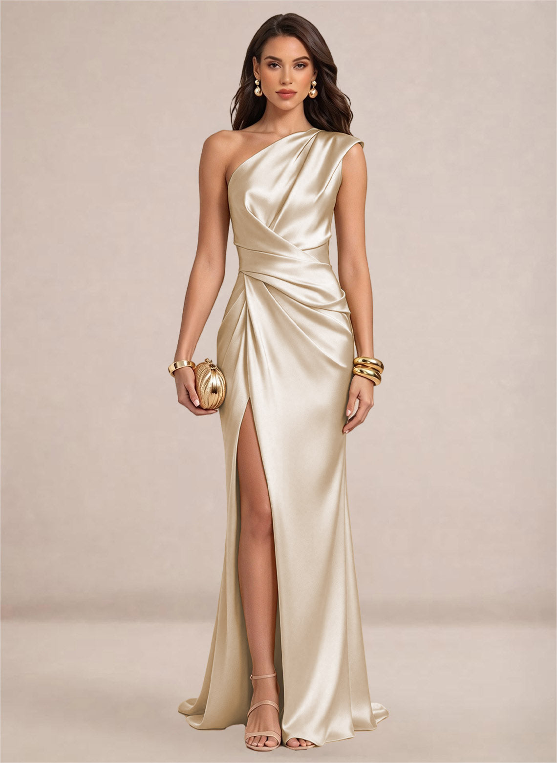 Satin One Shoulder Ruffles Mermaid Maxi Dress with Slit
