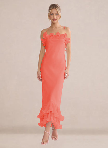Ruffles Chiffon Layer Midi Formal Wedding Guest Dresses