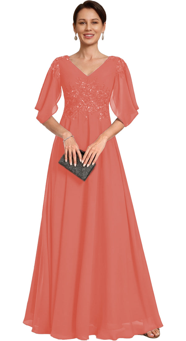 V Neck Chiffon A Line Sequin Lace Dress