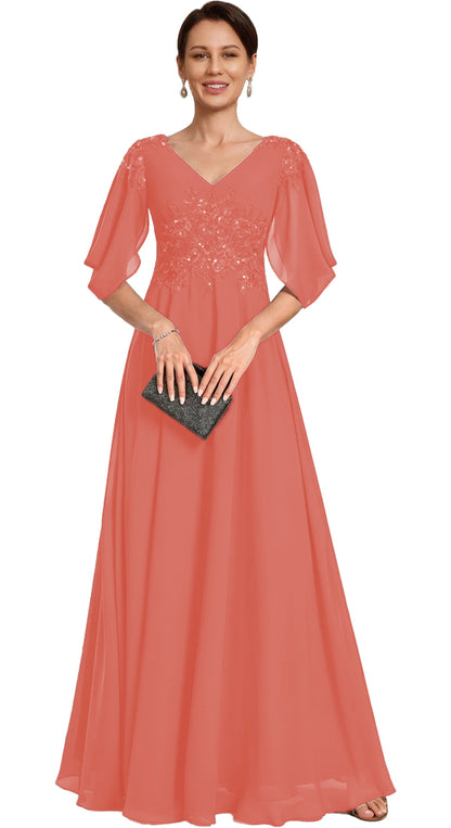 V Neck Chiffon A Line Sequin Lace Dress