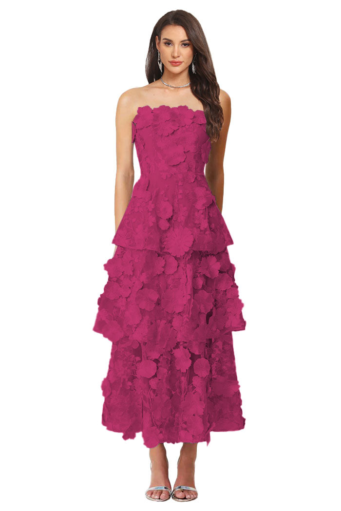 Floral Appliqued Tea Length Formal Wedding Guest Dress