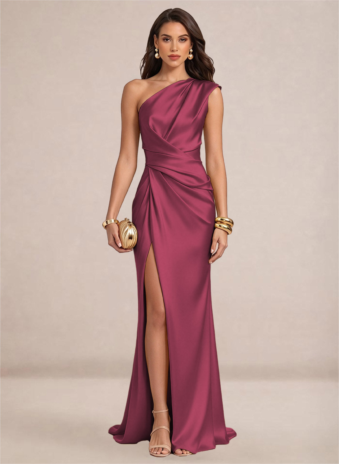 Satin One Shoulder Ruffles Mermaid Maxi Dress with Slit