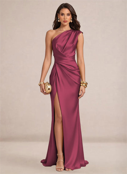 Satin One Shoulder Ruffles Mermaid Maxi Dress with Slit
