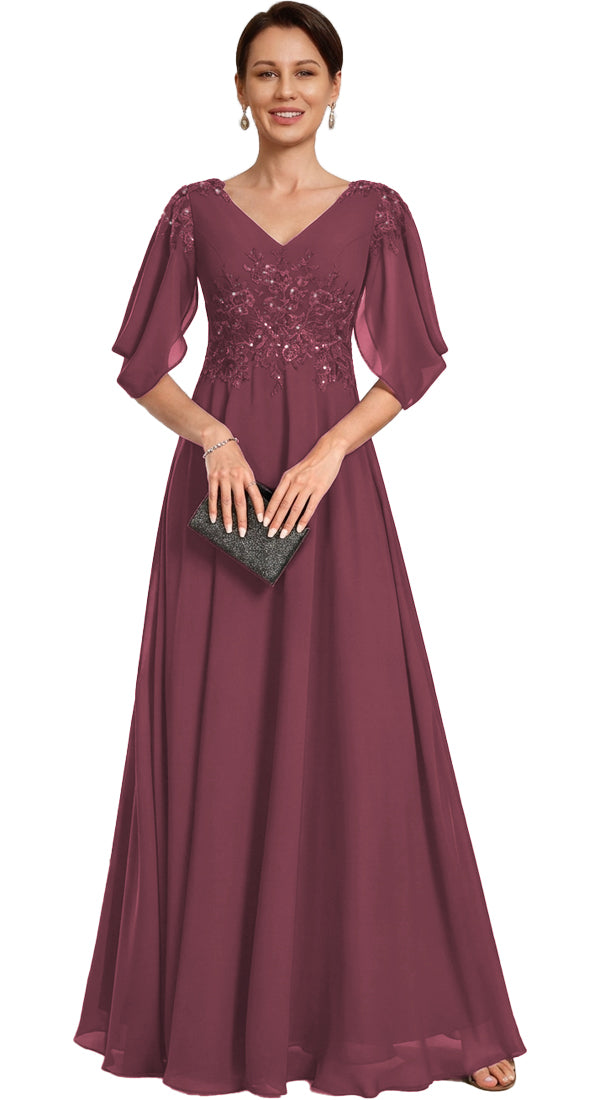 V Neck Chiffon A Line Sequin Lace Dress