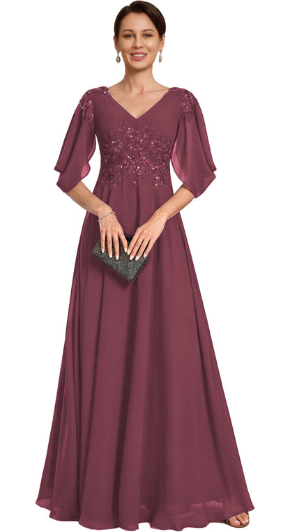 V Neck Chiffon A Line Sequin Lace Dress