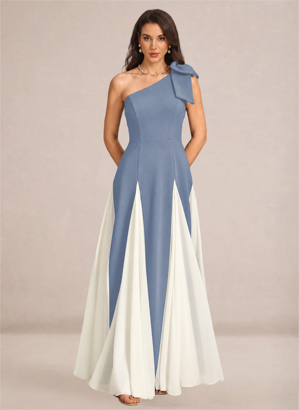 Satin One Shoulder A-line Patchwork Maxi Dress