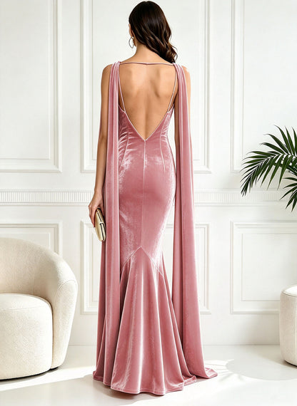 Women's Dusty Pink Velvet Mermaid Long Formal Wedding Guest Dress 2