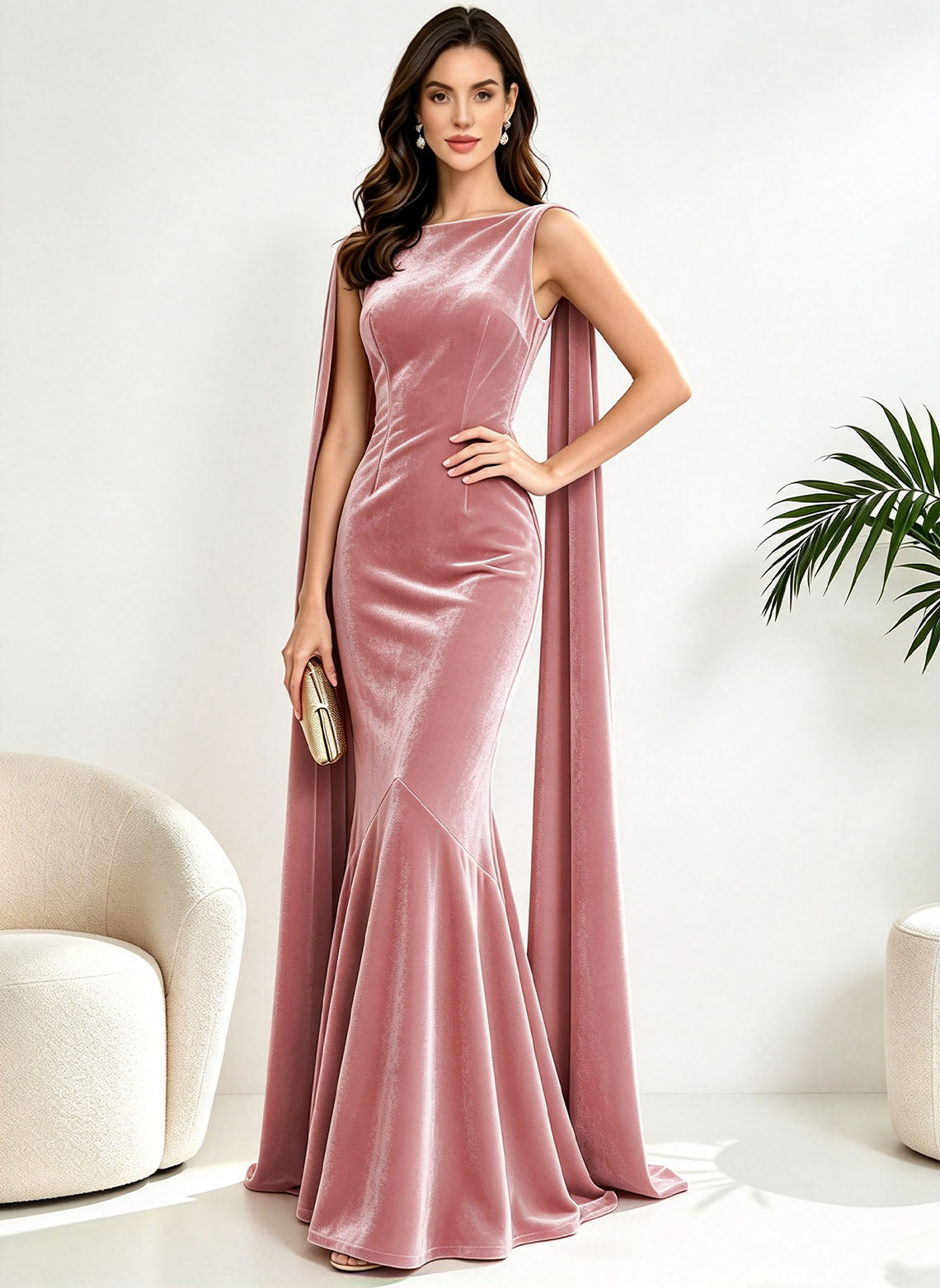 Women's Dusty Pink Velvet Mermaid Long Formal Wedding Guest Dress 1