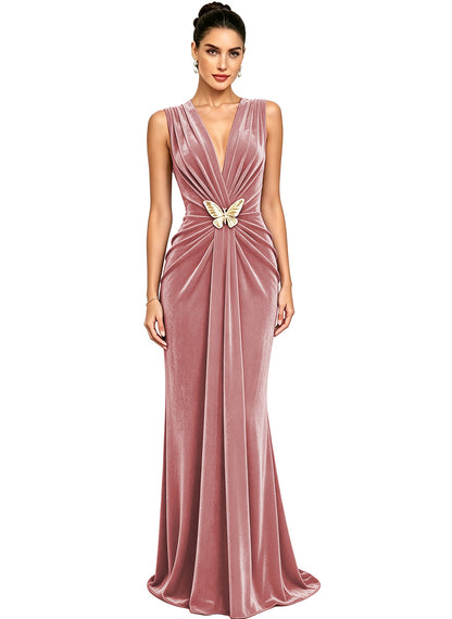 Women's Velvet V Neck Mermaid Formal Wedding Guest Dress