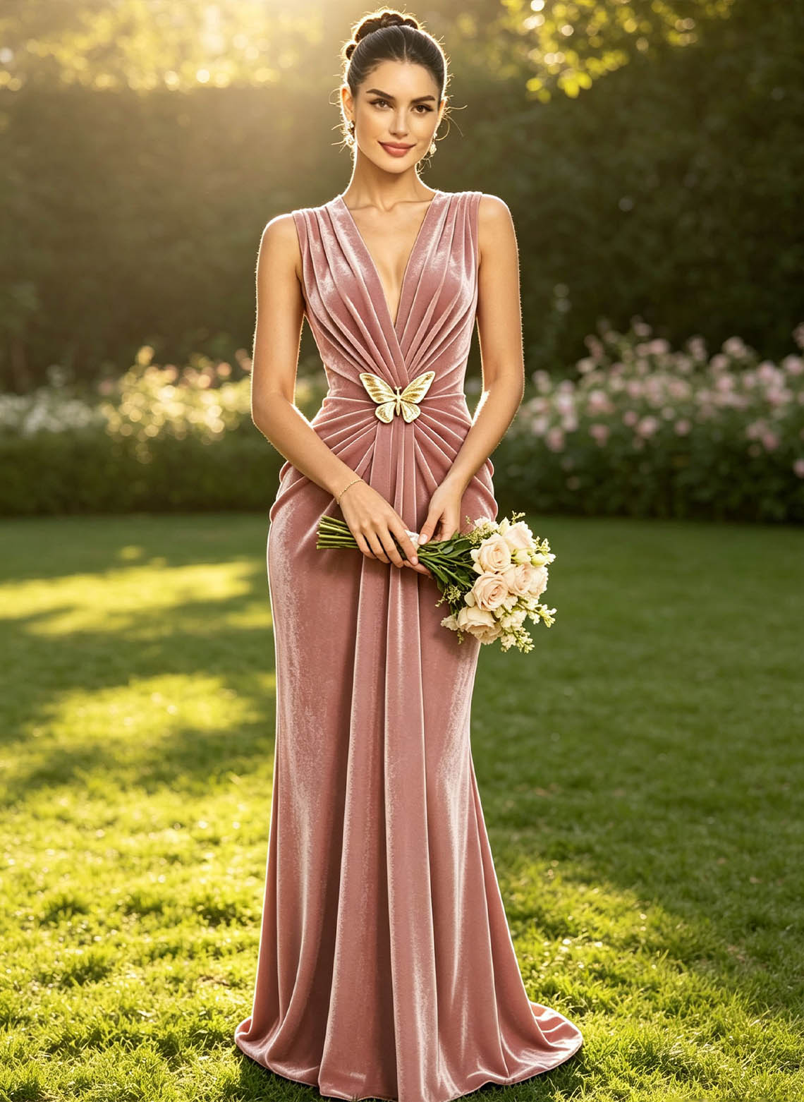 Women's Dusty Pink Velvet V Neck Sleeveless Long Formal Prom Dress 5