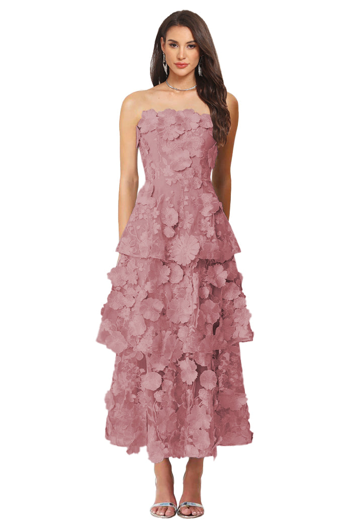 Floral Appliqued Tea Length Formal Wedding Guest Dress