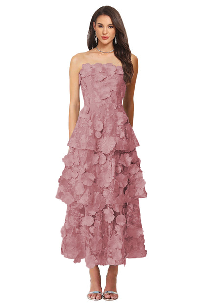 Floral Appliqued Tea Length Formal Wedding Guest Dress