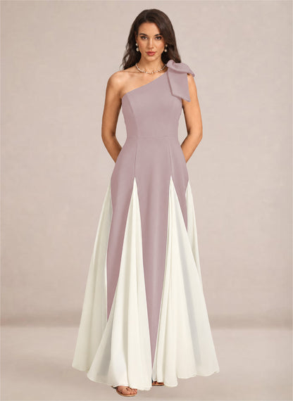 Satin One Shoulder A-line Patchwork Maxi Dress