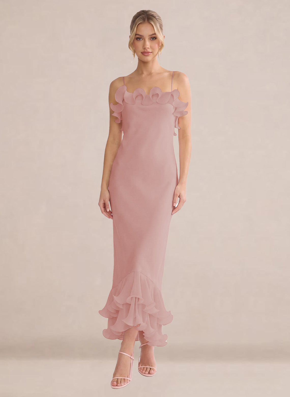 Ruffles Chiffon Layer Midi Formal Wedding Guest Dresses