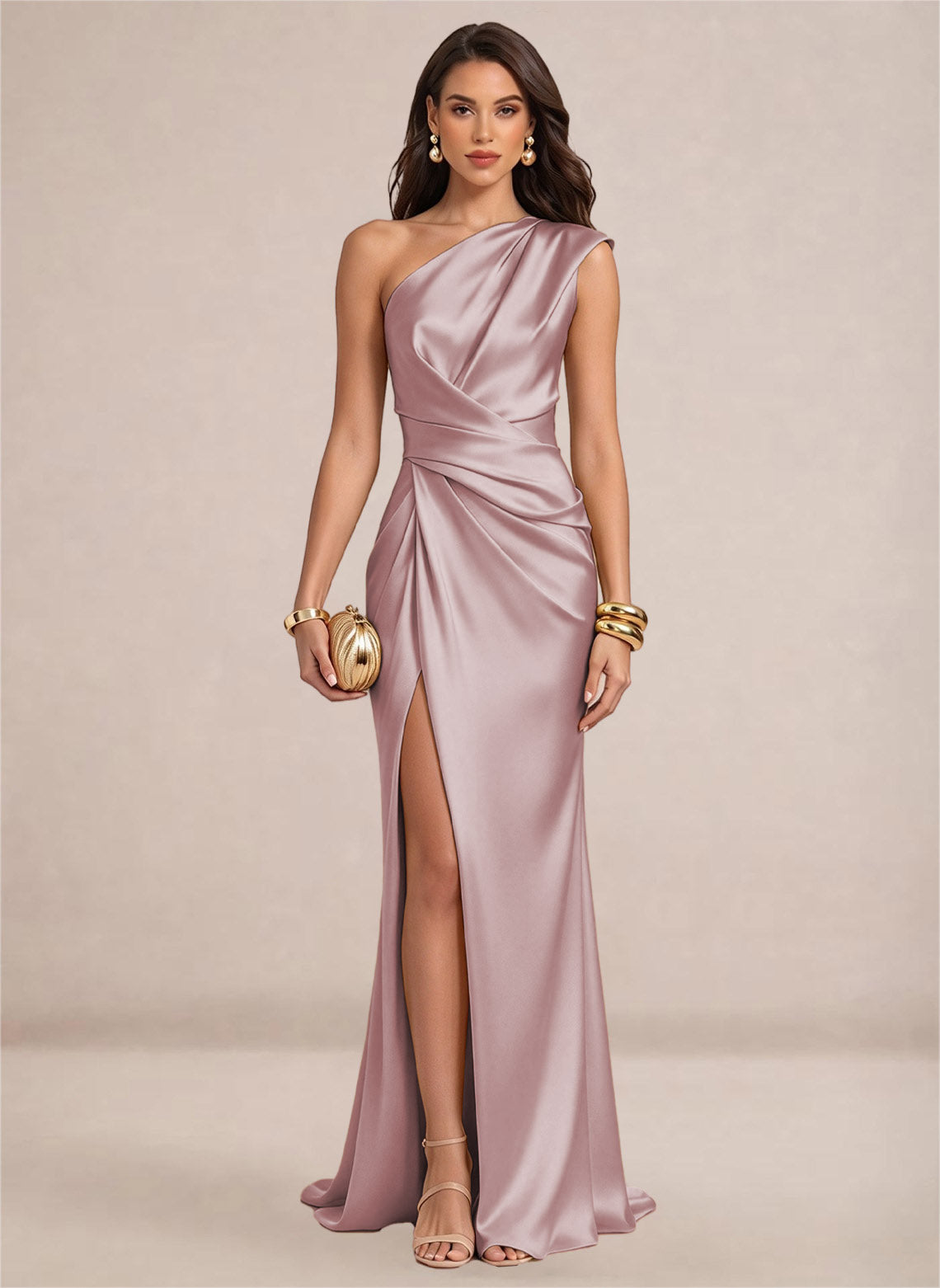 Satin One Shoulder Ruffles Mermaid Maxi Dress with Slit