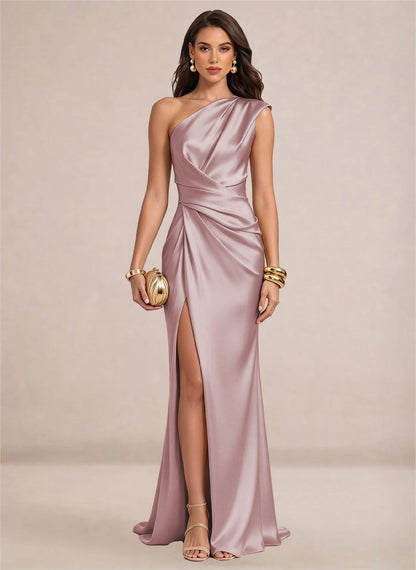 Satin One Shoulder Ruffles Mermaid Maxi Dress with Slit