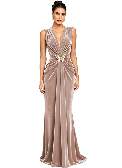 Women's Velvet V Neck Mermaid Formal Wedding Guest Dress