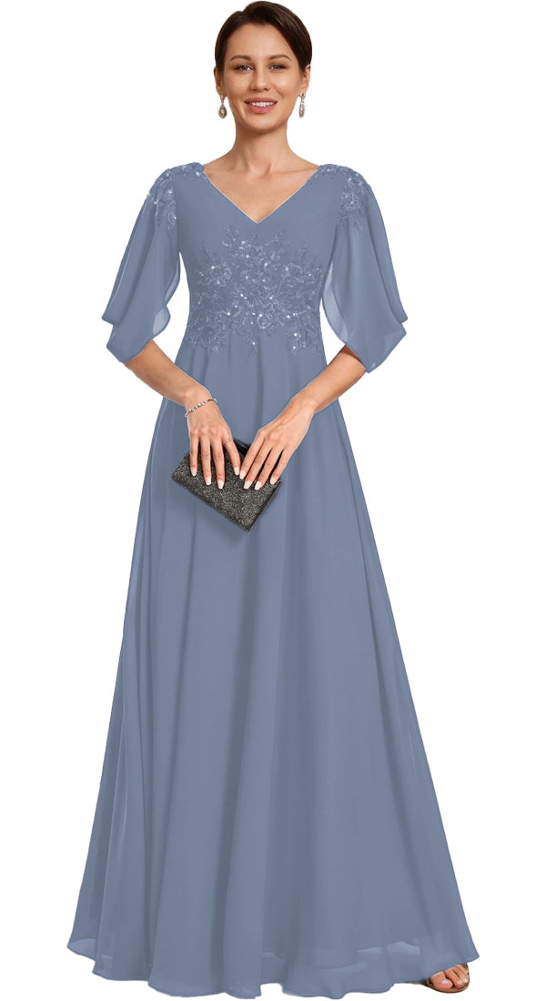 V Neck Chiffon A Line Sequin Lace Dress
