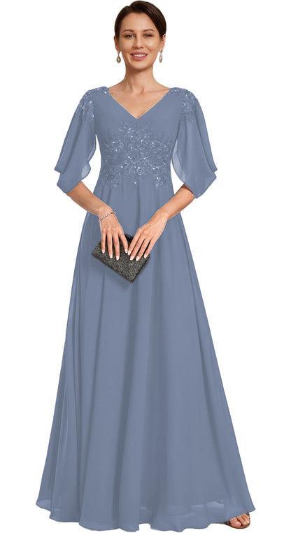 V Neck Chiffon A Line Sequin Lace Dress