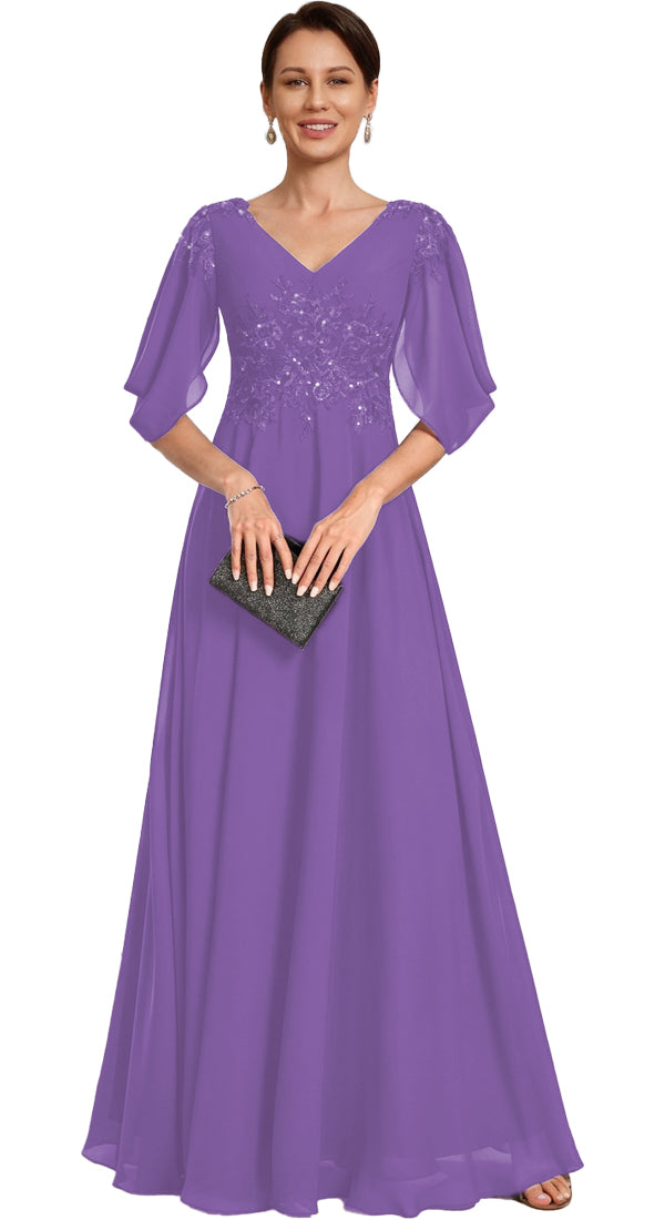 V Neck Chiffon A Line Sequin Lace Dress