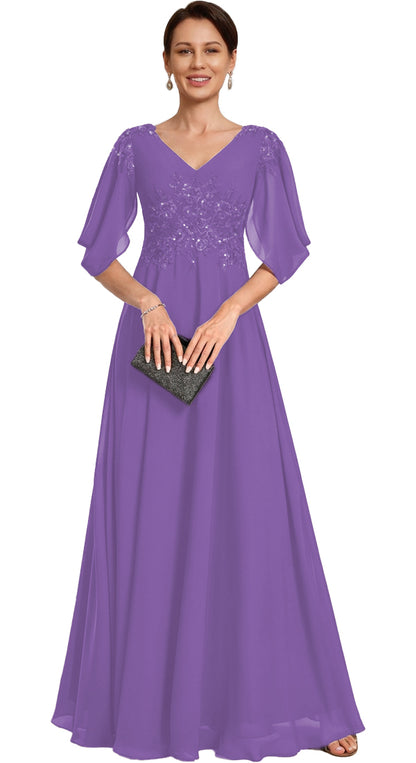 V Neck Chiffon A Line Sequin Lace Dress